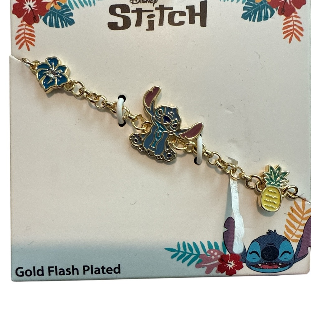 Disney Stitch, Pineapple, Flowers Gold Flash Plated Charm Bracelet-New In Box